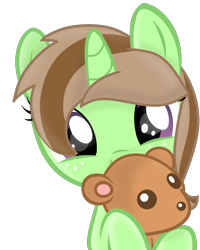 Size: 1080x1351 | Tagged: safe, artist:grapefruit-face, imported from derpibooru, oc, oc only, oc:limey lulamoon, pony, unicorn, female, filly, hug, looking at you, parents:grapexie, show accurate, simple background, solo, teddy bear, transparent background