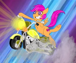 Size: 3930x3276 | Tagged: safe, imported from derpibooru, scootaloo, pegasus, pony, anime, female, filly, grin, high res, motorcycle, smiling, underhoof