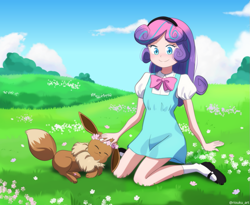 Size: 1099x900 | Tagged: safe, artist:riouku, imported from derpibooru, princess flurry heart, eevee, human, equestria girls, clothes, commission, crossover, equestria girls-ified, female, grass, humanized, meadow, older, older flurry heart, pet, petting, pokémon