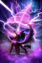 Size: 1345x2000 | Tagged: safe, artist:tsitra360, imported from derpibooru, imported from ponybooru, twilight sparkle, alicorn, pony, apotheosis, badass, epic, female, floppy ears, glowing eyes, lightning, magic, magic overload, mare, oblivion, open mouth, remastered, rework, shoop da whoop, solo, spread wings, surreal, twilight sparkle (alicorn), vortex, wings