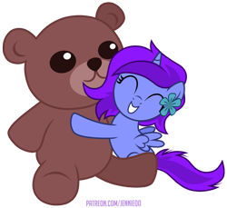 Size: 1200x1098 | Tagged: safe, artist:jennieoo, imported from derpibooru, oc, oc only, oc:aliss, alicorn, pony, alicorn oc, cute, female, filly, flower, foal, happy, horn, hug, plushie, show accurate, smiling, solo, spread wings, wings