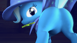 Size: 759x427 | Tagged: safe, artist:extrachunkthis, imported from ponybooru, trixie, pony, unicorn, 3d, ass, butt, cape, clothes, hat, looking at you, looking back, looking back at you, photo, raised tail, rear view, solo, stars, tail, the great and powerful ass, trixie's cape, trixie's hat