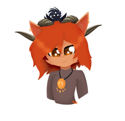 Size: 2137x2080 | Tagged: safe, artist:graphictoxin, imported from derpibooru, oc, oc only, dragon, pony, sheep, sheep pony, amulet, bust, challenge, cheek fluff, clothes, cute, ear fluff, ear piercing, earring, female, fluffy, horns, jewelry, lineless, mare, pendant, piercing, ponified, portrait, shirt, simple background, smiling, t-shirt, white background