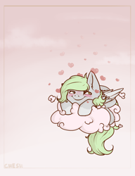 Size: 1000x1300 | Tagged: safe, artist:cheshchesh, imported from ponybooru, oc, oc:chesh, pegasus, blushing, cloud, coat markings, gradient background, heart, heterochromia, lovey dovey, on a cloud, prone, sky, smiling, socks (coat marking), solo