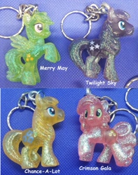 Size: 794x1008 | Tagged: safe, imported from ponybooru, chance-a-lot, creme brulee, crimson gala, merry may, twilight sky, crystal pony, pegasus, pony, glitter pony, keychain, on hind legs, raised hoof, raised leg