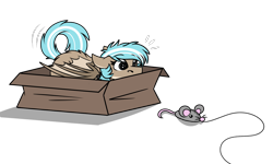 Size: 1363x818 | Tagged: safe, artist:rokosmith26, imported from derpibooru, oc, oc only, bat pony, mouse, pony, bait, bat pony oc, bat wings, box, butt fluff, female, floppy ears, imminent pounce, looking at something, lying down, mare, pony in a box, simple background, tail, toy, transparent background, wings