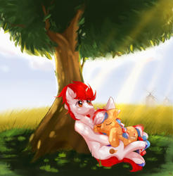 Size: 3104x3153 | Tagged: artist needed, safe, imported from derpibooru, oc, oc only, oc:ember, oc:ember (hwcon), oc:stroopwafeltje, earth pony, pony, unicorn, earth pony oc, female, hearth's warming con, high res, horn, male, mare, mascot, netherlands, ponycon holland, sleeping, stallion, tree, unicorn oc, windmill