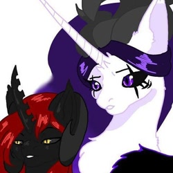 Size: 480x480 | Tagged: safe, artist:_goddesskatie_, imported from derpibooru, oc, oc only, alicorn, changeling, changeling queen, pony, alicorn oc, bust, changeling queen oc, duo, eye scar, female, horn, mare, scar, simple background, white background, wings