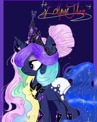 Size: 640x800 | Tagged: safe, alternate version, artist:_goddesskatie_, imported from derpibooru, princess celestia, princess luna, pony, unicorn, base used, eyelashes, female, frown, fusion, hoof shoes, horn, jewelry, mare, peytral, tiara, wings