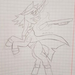 Size: 1440x1440 | Tagged: safe, artist:agdapl, imported from derpibooru, pony, unicorn, boots, clothes, glowing horn, graph paper, gritted teeth, gun, horn, lineart, looking back, magic, male, nurse, ponified, rearing, shoes, shotgun, signature, simple background, solo, stallion, team fortress 2, telekinesis, traditional art, weapon