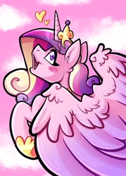 Size: 1500x2100 | Tagged: safe, artist:shyshyoctavia, imported from derpibooru, princess cadance, alicorn, pony, blush sticker, blushing, cloud, cute, cutedance, ear fluff, female, flying, heart, heart eyes, mare, open mouth, profile, sky, solo, spread wings, wingding eyes, wings