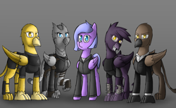 Size: 4000x2444 | Tagged: safe, artist:somber, imported from derpibooru, oc, oc only, oc:contrail flyer, oc:double aught, oc:dr. horse, oc:golden flash, oc:soot, griffon, pegasus, pony, fallout equestria, armor, clothes, female, griffon oc, group, group photo, high res, male, mare, pegasus oc, pen and paper rpg, wings