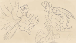 Size: 1600x900 | Tagged: safe, artist:tenebrisnoctus, imported from derpibooru, fluttershy, rainbow dash, spitfire, pegasus, pony, female, male, mare, monochrome, sitting, sketch, spread wings, stallion, wings