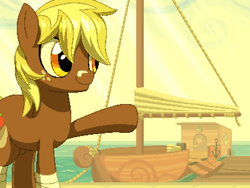 Size: 800x600 | Tagged: safe, artist:rangelost, imported from derpibooru, oc, oc only, oc:apple basket, earth pony, pony, cyoa:d20 pony, bandage, cloud, colt, crepuscular rays, freckles, male, ocean, outdoors, pier, pixel art, sky, solo, standing, yacht