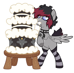 Size: 1280x1273 | Tagged: safe, artist:renhorse, imported from derpibooru, oc, oc only, oc:devil cake, pegasus, pony, cake, choker, clothes, food, icing bag, male, mouth hold, socks, solo, spiked choker, stallion, striped socks