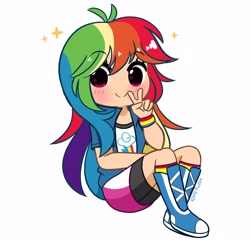 Size: 4096x3933 | Tagged: safe, artist:kittyrosie, imported from derpibooru, rainbow dash, equestria girls, absurd resolution, blushing, cute, dashabetes, female, human coloration, peace sign, simple background, solo