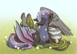 Size: 1900x1332 | Tagged: safe, artist:28gooddays, imported from derpibooru, oc, oc:stellar wind, bat pony, pegasus, pony, assisted preening, bat pony oc, bat wings, duo, grooming, preening, wings