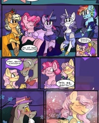 Size: 540x676 | Tagged: safe, artist:cocolove2176, imported from derpibooru, applejack, discord, fluttershy, pinkie pie, rainbow dash, rarity, twilight sparkle, twilight sparkle (alicorn), alicorn, draconequus, earth pony, pegasus, pony, unicorn, comic:fluttering chaos, clothes, comic, discoshy, dress, female, gala dress, horn, male, mane six, mare, outdoors, shipping, straight, wings