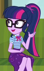 Size: 316x509 | Tagged: safe, imported from derpibooru, screencap, sci-twi, twilight sparkle, equestria girls, equestria girls series, text support, clothes, cropped, geode of telekinesis, glasses, magical geodes, open mouth, ponytail, skirt, smiling, solo, talking, text support: sunset shimmer