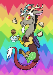 Size: 1500x2100 | Tagged: safe, artist:dawn-designs-art, imported from derpibooru, discord, draconequus, abstract background, cucumber, cucumber sandwiches, cup, cute, digital art, floating, food, rainbow, sandwich, solo, tea, teacup