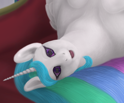 Size: 1134x937 | Tagged: safe, artist:soobel, edit, imported from derpibooru, discord, princess celestia, alicorn, pony, chubby, chubbylestia, cropped, eye reflection, fat, looking at you, not salmon, open mouth, reflection, uncanny valley, wat