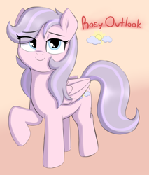 Size: 1968x2307 | Tagged: safe, artist:heretichesh, imported from derpibooru, oc, oc:rosy outlook, pegasus, female, looking at you, mare, raised hoof, simple background, solo