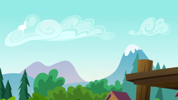 Size: 1280x720 | Tagged: safe, imported from derpibooru, screencap, season 5, the mane attraction, background, bridge, day, mountain, no pony, pine tree, scenic ponyville, tree