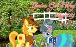 Size: 2064x1279 | Tagged: safe, anonymous artist, imported from derpibooru, braeburn, marble pie, earth pony, boutonnière, braeble, clothes, cowboy hat, dress, female, flower, flower in hair, garden, hat, lyrics in the description, male, shipping, shirt, smiling, song reference, spring, straight, youtube link in the description