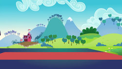 Size: 1280x720 | Tagged: safe, imported from derpibooru, screencap, the mane attraction, apple, apple tree, background, cloud, day, food, hill, mountain, no pony, scene, scenic ponyville, tree