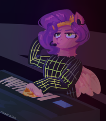 Size: 1220x1396 | Tagged: safe, artist:pigeorgien, imported from derpibooru, pipp petals, pegasus, pony, adorapipp, bust, clothes, cute, diadem, female, flapper, g5, headset, keyboard, kraftwerk, looking away, mare, microphone, musical instrument, parody, serious, serious face, solo, suit, synthesizer, three quarter view, unshorn fetlocks, wings
