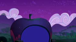 Size: 1280x720 | Tagged: safe, imported from derpibooru, screencap, the mane attraction, apple, apple tree, background, cloud, food, hill, night, no pony, scene, scenic ponyville, tree