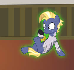 Size: 2534x2390 | Tagged: safe, artist:badumsquish, derpibooru exclusive, imported from derpibooru, star tracker, earth pony, pony, zebra, bracelet, confused, dreamworks face, freckles, glow, glowing, high res, jewelry, looking down, male, mid-transformation, race swap, raised hoof, show accurate, sitting, solo, species swap, stallion, transformation, zebrafied