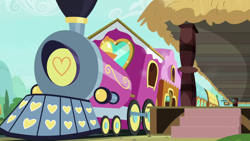 Size: 1280x720 | Tagged: safe, imported from derpibooru, screencap, surf and/or turf, background, day, friendship express, no pony, ponyville, ponyville train station, scenic ponyville, train, train station