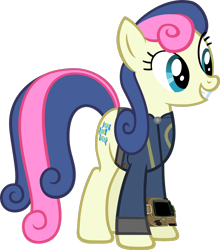 Size: 1280x1455 | Tagged: safe, artist:moongazeponies, artist:ponygamer2020, edit, edited screencap, imported from derpibooru, screencap, bon bon, sweetie drops, earth pony, pony, fallout equestria, absurd resolution, clothes, fallout, female, hooves, jumpsuit, mare, not a vector, pipboy, simple background, smiling, solo, transparent background, vault suit, vector