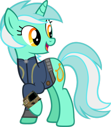 Size: 1280x1457 | Tagged: safe, artist:moongazeponies, artist:ponygamer2020, edit, edited screencap, imported from derpibooru, screencap, lyra heartstrings, pony, unicorn, fallout equestria, clothes, cute, fallout, female, jumpsuit, lyrabetes, not a vector, open mouth, pipboy, raised hoof, simple background, solo, transparent background, vault suit, vector