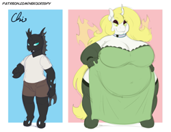 Size: 1155x892 | Tagged: safe, artist:nekocrispy, imported from derpibooru, oc, oc:aurora industry (ic), anthro, changeling, unguligrade anthro, arthropod, belly, big belly, big breasts, breasts, chunkling, clothes, collar, dress, equine, fat, female, flag, green eyes, huge breasts, male to female, morbidly obese, obese, pride, pride flag, rule 63, simple background, trans female, transgender, transgender pride flag, transition, weight gain, white changeling, wide hips