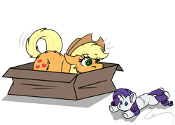 Size: 1152x821 | Tagged: safe, alternate version, artist:rokosmith26, imported from derpibooru, part of a set, applejack, rarity, earth pony, pony, alternate character, bait, behaving like a cat, box, butt fluff, cheek fluff, commission, commissioner:raritybro, cowboy hat, cute, eyes on the prize, female, floppy ears, fluffy, freckles, hat, if i fits i sits, imminent pounce, implied lesbian, implied rarijack, implied shipping, jackabetes, looking at something, lying down, mare, part of a series, plushie, pony in a box, roko's hunting ponies, simple background, solo, string, tail, toy, transparent background, ych result