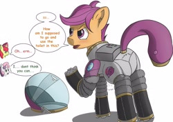 Size: 4093x2894 | Tagged: safe, artist:db, imported from derpibooru, apple bloom, scootaloo, sweetie belle, earth pony, pegasus, pony, unicorn, diaper, diaper fetish, female, fetish, gurgling, high res, offscreen character, spacesuit, stomach noise, toilet humor