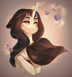 Size: 1924x2048 | Tagged: safe, artist:minekoo2, imported from derpibooru, oc, oc only, pony, cloak, clothes, d20, dice, hood, levitation, magic, smiling, solo, telekinesis