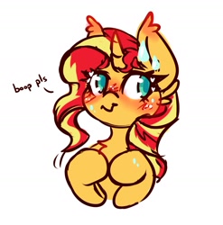 Size: 1841x1861 | Tagged: safe, artist:ruef, imported from derpibooru, sunset shimmer, pony, unicorn, blushing, boop request, bust, chest fluff, cute, ear blush, ear fluff, female, heart, imminent boop, mare, shimmerbetes, solo, sweat, sweatdrop
