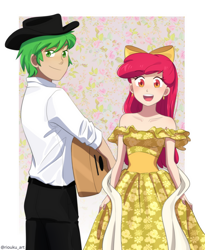 Size: 900x1099 | Tagged: safe, artist:riouku, imported from derpibooru, apple bloom, spike, human, cinco de mayo, clothes, commission, dress, ear piercing, female, guitar, hat, humanized, male, musical instrument, piercing, shipping, spikebloom, straight, yellow dress