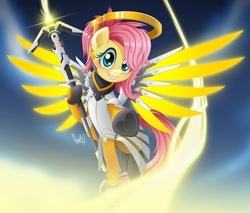 Size: 1280x1089 | Tagged: safe, artist:fadlihalimns, imported from derpibooru, fluttershy, pegasus, pony, crossover, female, mare, mercy, mercyshy, overwatch, smiling, solo