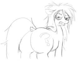 Size: 717x565 | Tagged: safe, artist:jargon scott, imported from ponybooru, oc, oc only, oc:anon-mare, earth pony, pony, annoyed, butt, dock, ears, female, floppy ears, looking at you, looking back, looking back at you, mare, messy mane, monochrome, open mouth, rear view, simple background, sketch, solo, white background