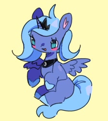 Size: 810x909 | Tagged: safe, artist:10uhh, artist:mesqrit, imported from derpibooru, princess luna, alicorn, pony, blush sticker, blushing, crown, cute, female, filly, jewelry, lunabetes, no pupils, open mouth, regalia, s1 luna, simple background, solo, uguu, woona, yellow background, younger