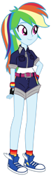 Size: 1024x3516 | Tagged: safe, artist:bidzinha, artist:emeraldblast63, imported from derpibooru, rainbow dash, equestria girls, belt, blue skin, clothes, college, converse, female, older, older rainbow dash, shoes, shorts, simple background, smiling, solo, tomboy, transparent background, university, vector