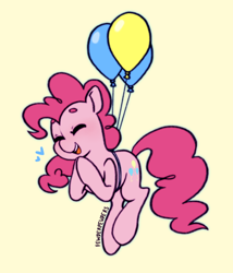 Size: 640x748 | Tagged: safe, artist:fewderpewders, imported from derpibooru, pinkie pie, earth pony, pony, balloon, cute, diapinkes, eyes closed, female, floating, heart, mare, open mouth, party balloon, simple background, smiling, solo, then watch her balloons lift her up to the sky, yellow background