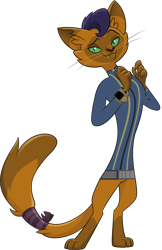 Size: 3411x5255 | Tagged: safe, artist:ponygamer2020, imported from derpibooru, capper dapperpaws, abyssinian, anthro, cat, fallout equestria, my little pony: the movie, absurd resolution, clothes, coat, fallout, handsome, jumpsuit, looking at you, male, pipboy, raised eyebrow, simple background, solo, transparent background, vault suit, vector