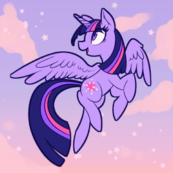 Size: 1200x1200 | Tagged: safe, artist:slunberparty, imported from derpibooru, twilight sparkle, alicorn, pony, backwards cutie mark, cloud, colored pupils, cute, female, flying, mare, open mouth, profile, sky, solo, spread wings, stars, twiabetes, twilight sparkle (alicorn), wings