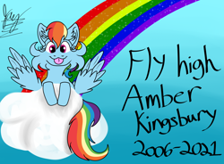 Size: 2034x1500 | Tagged: safe, artist:jay_wackal, imported from derpibooru, rainbow dash, pegasus, pony, :p, cheek fluff, cloud, ear fluff, in memoriam, memorial, rainbow, rest in peace, solo, tongue out, tribute