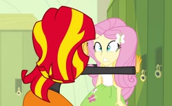 Size: 1750x1080 | Tagged: safe, imported from derpibooru, screencap, fluttershy, sunset shimmer, equestria girls, equestria girls (movie), backpack, bully, bullying, clothes, hairpin, lockers, scared